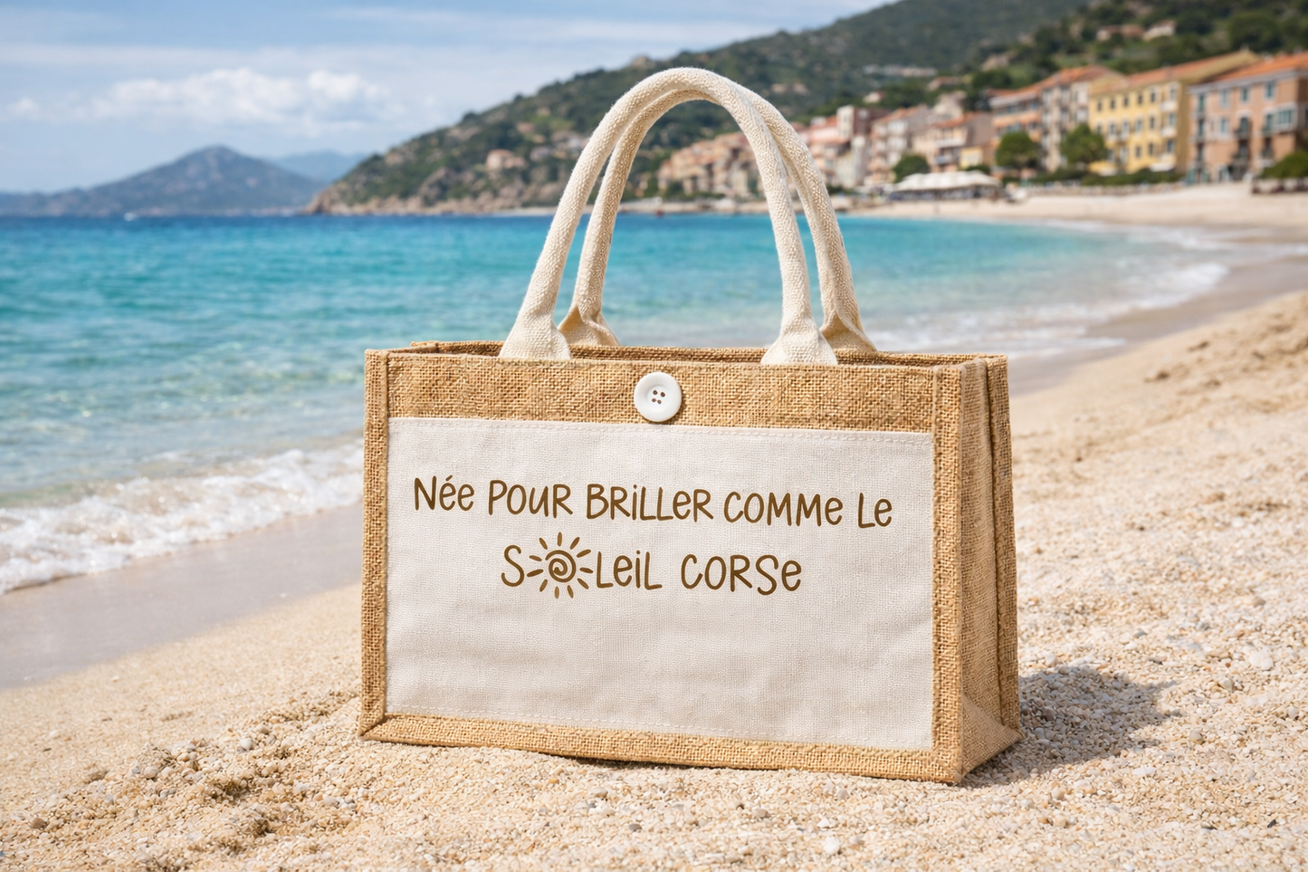 Cabas Née pour briller comme le soleil Corse — Format moyen 30×25 cm