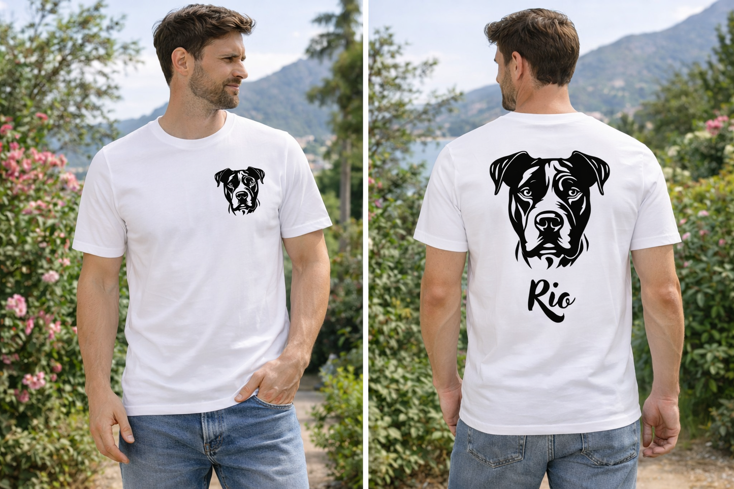 T-Shirt personnalisé tête de votre chien noir et blanc dessin