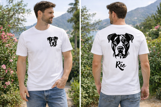 T-Shirt personnalisé tête de votre chien noir et blanc dessin