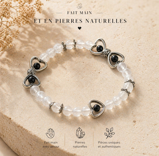 Bracelet cœur Harmonie en Quartz Rose & Obsidienne – Amour & Protection | Fait main