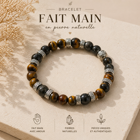 Bracelet Equilibre Sauvage en pierres naturelles fait main – Œil de tigre & pierres d’ancrage | Protection & équilibre