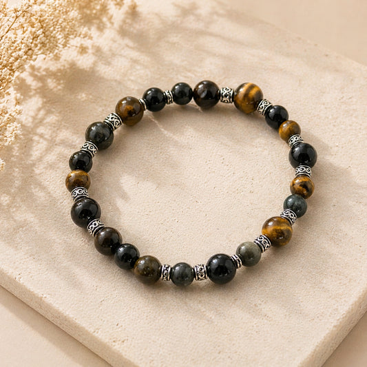 Bracelet Force intérieur en pierres naturelles – Œil de tigre & pierres sombres | Protection & Ancrage – Fait main